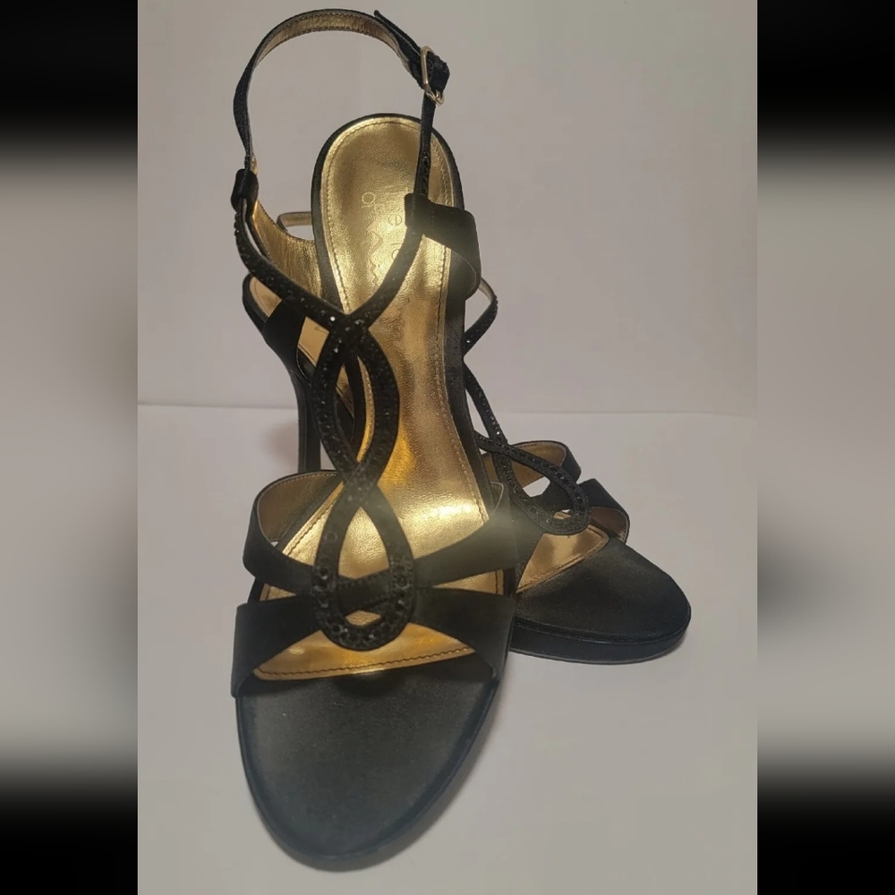 The Touch of Nina Gelossi 4" Heels Sz 9 Black w/ Rhinestones Evening Sandals